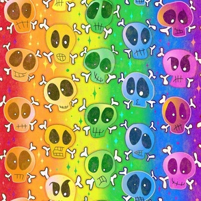 Very Rainbow! Skulls in Rainbow Colors over Skeleton Bones and Bright Rainbows - Bright Rainbow Skull Gay Pride Flag -- 235dpi (63% of Full Scale)