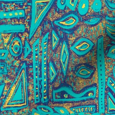 Hand printed geometric ethnic turquoise