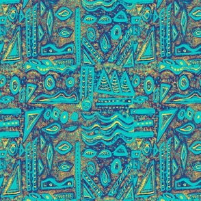 Hand printed geometric ethnic turquoise