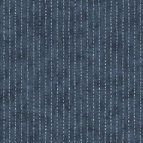 Handdrawn Pinstripe in Navy Blue | Dashed pinstripe fabric for shirt dress, jacket, apparel in dark blue and white, kantha, sashiko stitches on indigo blue.