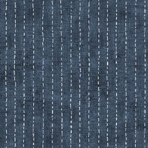 Handdrawn Pinstripe in Navy Blue (large scale) | Dashed pinstripe fabric for shirt dress, jacket, apparel in dark blue and white, kantha, sashiko stitches on indigo blue.