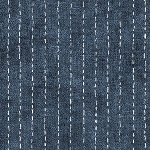 Handdrawn Pinstripe in Navy Blue (xl scale) | Dashed pinstripe fabric for shirt dress, jacket, apparel in dark blue and white, kantha, sashiko stitches on indigo blue.