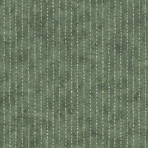 Handdrawn Pinstripe in Forest Green | Dashed pinstripe fabric for shirt dress, jacket, apparel in natural green and white, kantha, sashiko stitches on dark green.