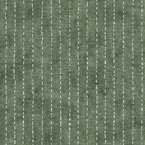 Handdrawn Pinstripe in Forest Green (large scale) | Dashed pinstripe fabric for shirt dress, jacket, apparel in natural green and white, kantha, sashiko stitches on dark green.