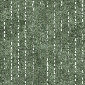 Handdrawn Pinstripe in Forest Green (xl scale) | Dashed pinstripe fabric for shirt dress, jacket, apparel in natural green and white, kantha, sashiko stitches on dark green.