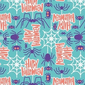 Small scale // Happy Halloween spiders // mint background purple crawly creatures salmon orange lettering white webs