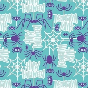 Small scale // Happy Halloween spiders // mint background purple crawly creatures aqua lettering white webs