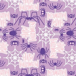 Small scale // Happy Halloween spiders // lilac background purple crawly creatures pastel pink lettering white webs