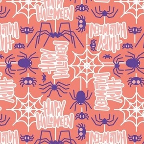 Small scale // Happy Halloween spiders // salmon orange background purple crawly creatures sundown pink lettering white webs