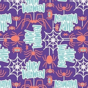 Small scale // Happy Halloween spiders // purple background salmon orange crawly creatures mint lettering white webs
