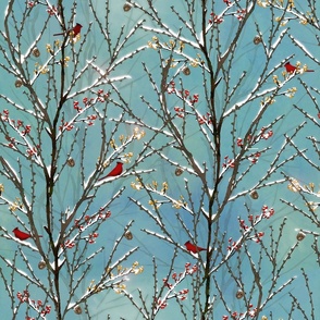 Cardinals on Dark Snowy Trees (MEDIUM)- Blue Gray mist