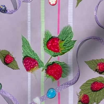22x8-Inch Repeat of Raspberries and Ribbons on Lavender Background