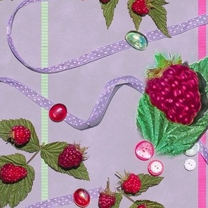 22x8-Inch Repeat of Raspberries and Ribbons on Lavender Background
