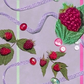 Large Size Raspberries and Ribbons on Lavender Background