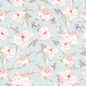 Watercolour Roses and Peonies on Light Blue