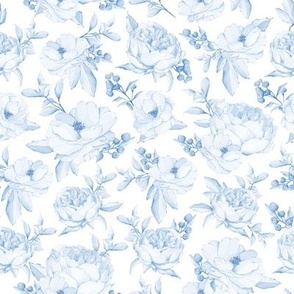 Watercolour Roses and Peonies in Monotone Blue