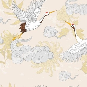 Japanese Cranes In The Clouds