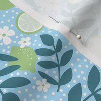 Summer harvest lime daisies and branches blossom garen fresh spring summer print in blue  slate and lime green mint