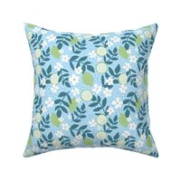 Summer harvest lime daisies and branches blossom garen fresh spring summer print in blue  slate and lime green mint