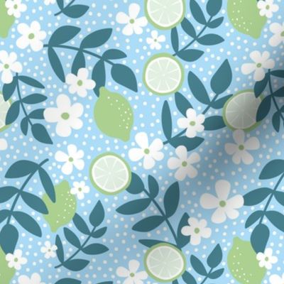 Summer harvest lime daisies and branches blossom garen fresh spring summer print in blue  slate and lime green mint