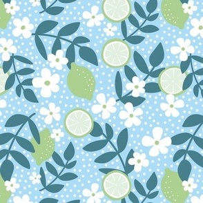 Summer harvest lime daisies and branches blossom garen fresh spring summer print in blue  slate and lime green mint