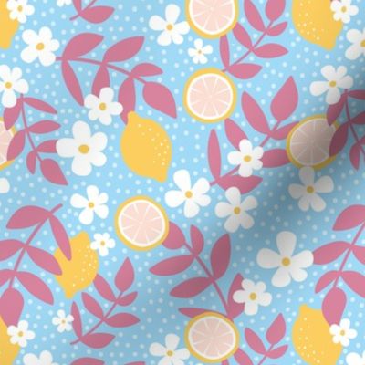 Summer harvest lemons daisies and branches blossom garen fresh spring summer print in blue yellow and rose pink