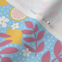 Summer harvest lemons daisies and branches blossom garen fresh spring summer print in blue yellow and rose pink