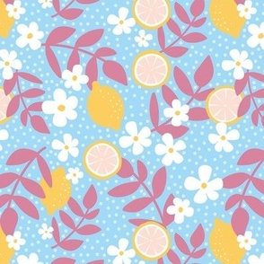 Summer harvest lemons daisies and branches blossom garen fresh spring summer print in blue yellow and rose pink