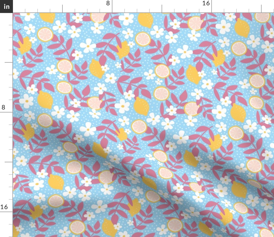 Summer harvest lemons daisies and branches blossom garen fresh spring summer print in blue yellow and rose pink