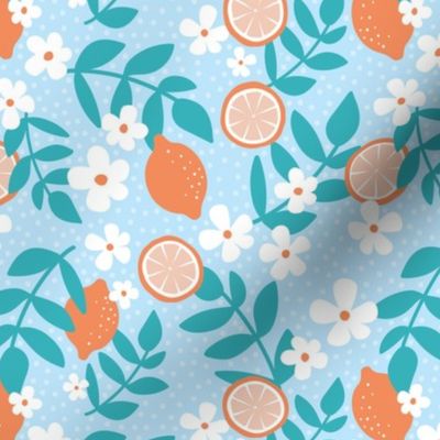 Summer harvest oranges daisies and branches blossom garen fresh spring summer print in blue teal and orange