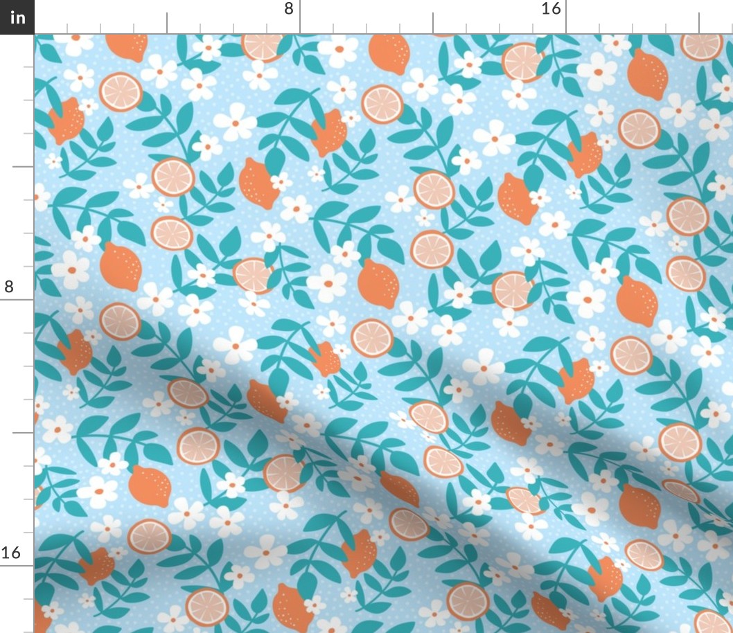Summer harvest oranges daisies and branches blossom garen fresh spring summer print in blue teal and orange