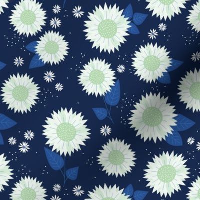 Indian summer sunflowers leaves and daisies pastel mint green on navy