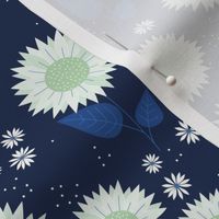 Indian summer sunflowers leaves and daisies pastel mint green on navy