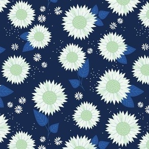 Indian summer sunflowers leaves and daisies pastel mint green on navy