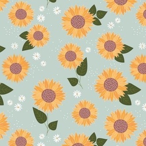 Indian summer sunflowers leaves and daisies yellow olive green on mint sage