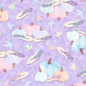 Non Directional Pastel Pumpkins Maple Leaves and Corn on Lavender