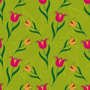 Tulips on green background