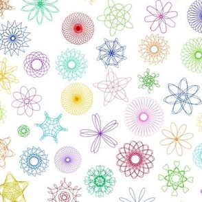 Gear drawn spirals, rainbow on white, small (12" repeat) 