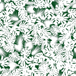 Palm and monstera leaves silhouettes background.
