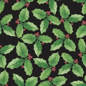 Christmas Holly Watercolor Green Leaves With Red Berries on a Solid Black Background