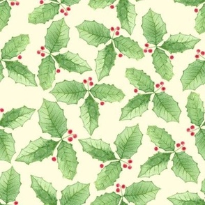 Christmas Holly Watercolor Green Leaves and Red Berries on a Solid Ivory Background