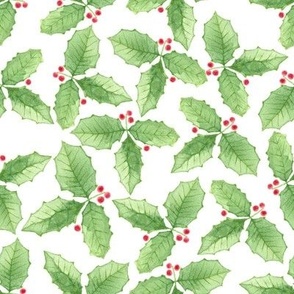 Christmas Holly Watercolor Green Leaves and Red Berries on a Solid White Background