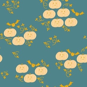 Small Cute Halloween Pumpkins and Bats in Teal and Yellow