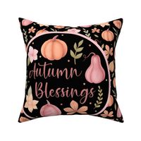 18x18 Pillow Sham Front Fat Quarter Size Makes 18" Square Cushion Cover Autumn Blessings Fall Pumpkins Gourds Flowers Leaves on Black