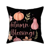 18x18 Pillow Sham Front Fat Quarter Size Makes 18" Square Cushion Cover Autumn Blessings Fall Pumpkins Gourds Flowers Leaves on Black