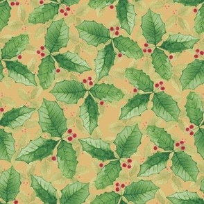 Christmas Holly Watercolor Green Leaves and Red Berries Layered on a Solid Gold Background