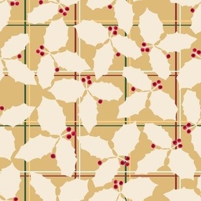 Christmas Holly Pastel Gold Leaves and Red Berries on a Red Green Gold Plaid Background