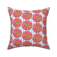 Pink Gerbera Daisies on Blue and White Stripes - Quarter Drop Repeat (small)