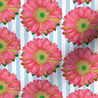 Pink Gerbera Daisies on Blue and White Stripes - Quarter Drop Repeat (small)