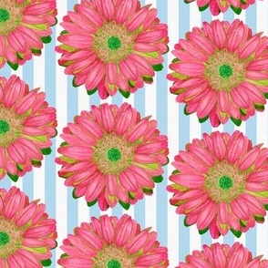 Pink Gerbera Daisies on Blue and White Stripes - Quarter Drop Repeat (small)